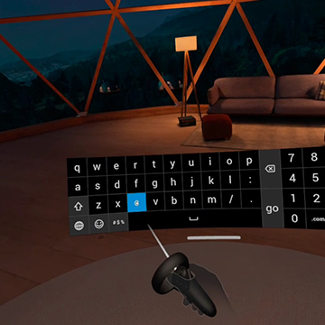 Entering a password in virtual reality through a controller is cumbersome as shown by a user handling a controller in virtuality from first-person perspective.